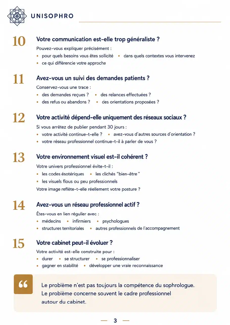 Aperçu de la check-list cabinet de sophrologie – suite des points de contrôle